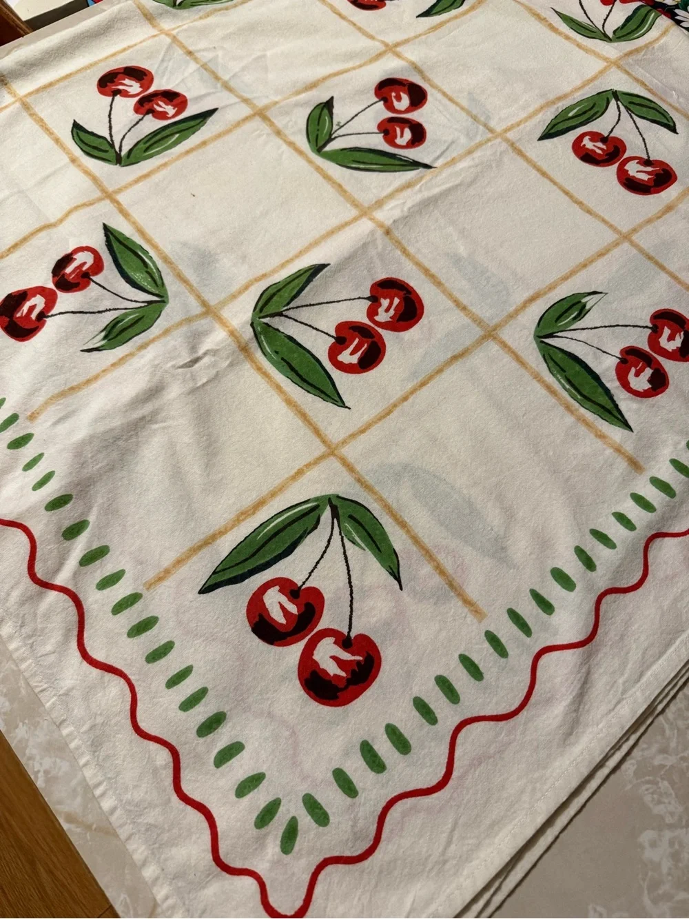 Vintage Cherry Print Tablecloth - White & Red